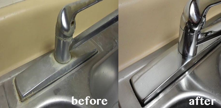 remove hard water deposits off of faucets and sinks