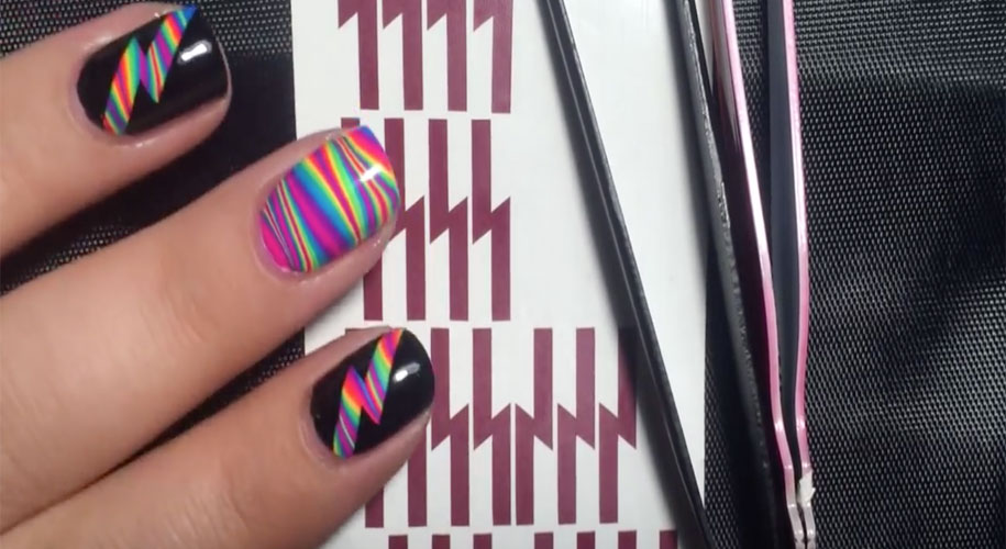 striped rainbow water marble nail art